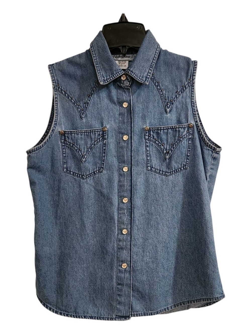 Vtg Adobe Rose Denim Chambray Western Shirt Vest Medium Horse Pearl Snaps Studs